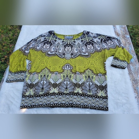 JM colection Paisley Print Top - Green and Black Size Large Petite - Picture 1 of 8